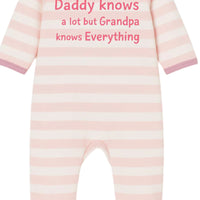 Pink and white striped baby onesie with text on a white background