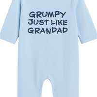 Light blue baby romper with 'GRUMPY JUST LIKE GRANDAD' text on a white background