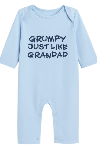Light blue baby romper with 'GRUMPY JUST LIKE GRANDAD' text on a white background