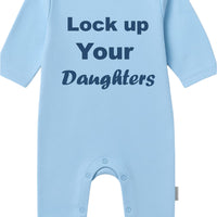 Light blue baby romper with text 'Lock up Your Daughters' on a light gray background