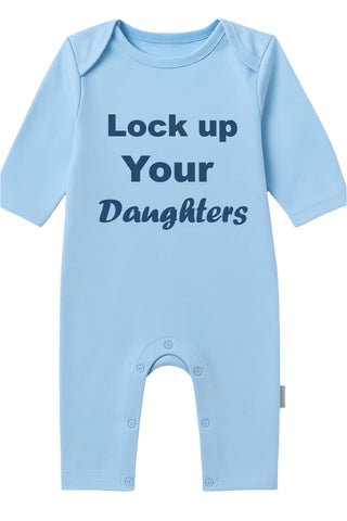 Light blue baby romper with text 'Lock up Your Daughters' on a light gray background