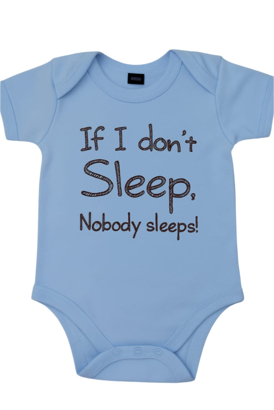 Light blue babysuit with humorous text on a white background