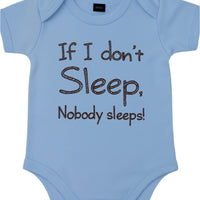 Light blue babysuit with humorous text on a white background
