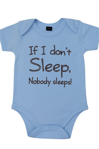 Light blue babysuit with humorous text on a white background