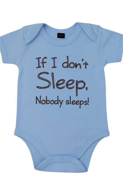 Light blue babysuit with humorous text on a white background