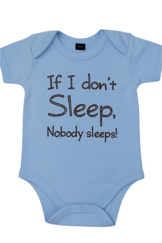 Light blue babysuit with humorous text on a white background