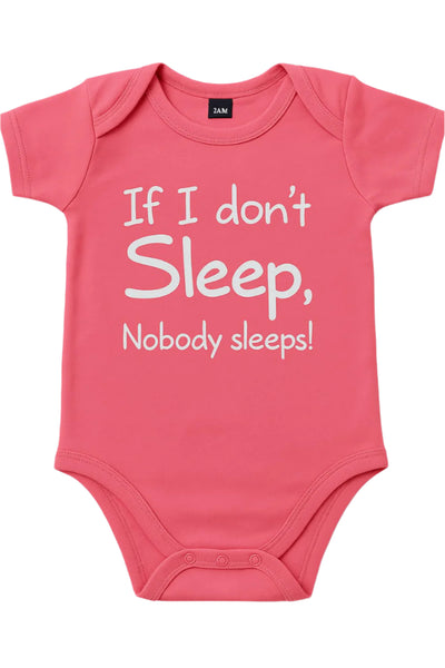 Pink babysuit with white text on a white background