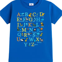 Blue t-shirt with colorful alphabet and animal illustrations on a white background