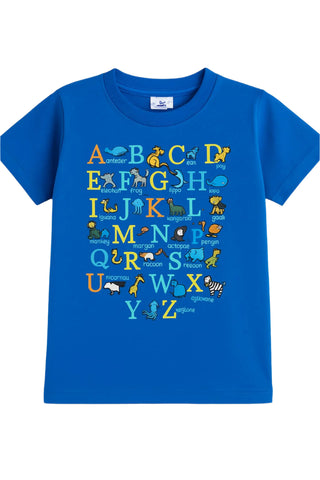 Blue t-shirt with colorful alphabet and animal illustrations on a white background