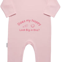 Pink baby romper with text on the back against a white background