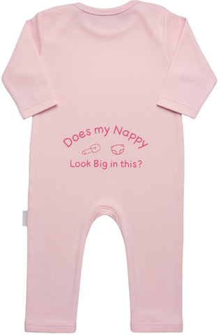 Pink baby romper with text on the back against a white background