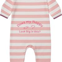 Pink and white striped baby romper with text on a white background