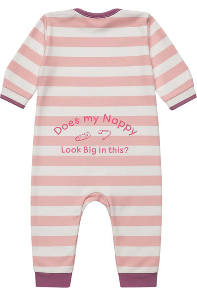 Pink and white striped baby romper with text on a white background