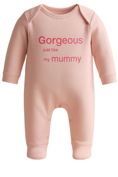 Pink baby onesie with text on a white background