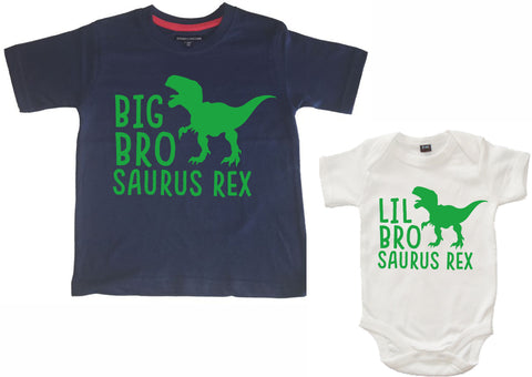 T-shirt bleu marine Big Bro Saurus Rex et body blanc Lil Bro Saurus Rex 