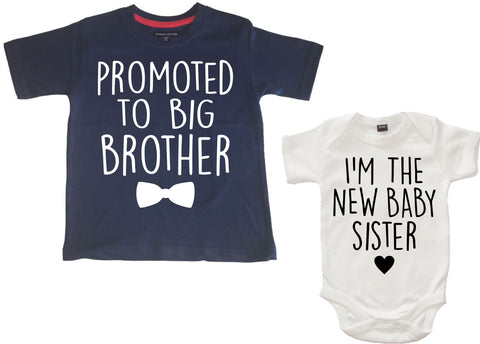 Promoted to Big Brother Navy T-shirt and New Baby Sister White Bodysuit Set