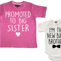 Promoted to Big Sister Bubblegum Pink T-Shirt and New Baby Brother White Baby Bodysuit Set