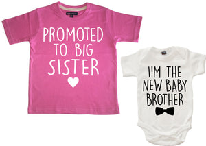 Promoted to Big Sister Bubblegum Pink T-Shirt and New Baby Brother White Baby Bodysuit Set