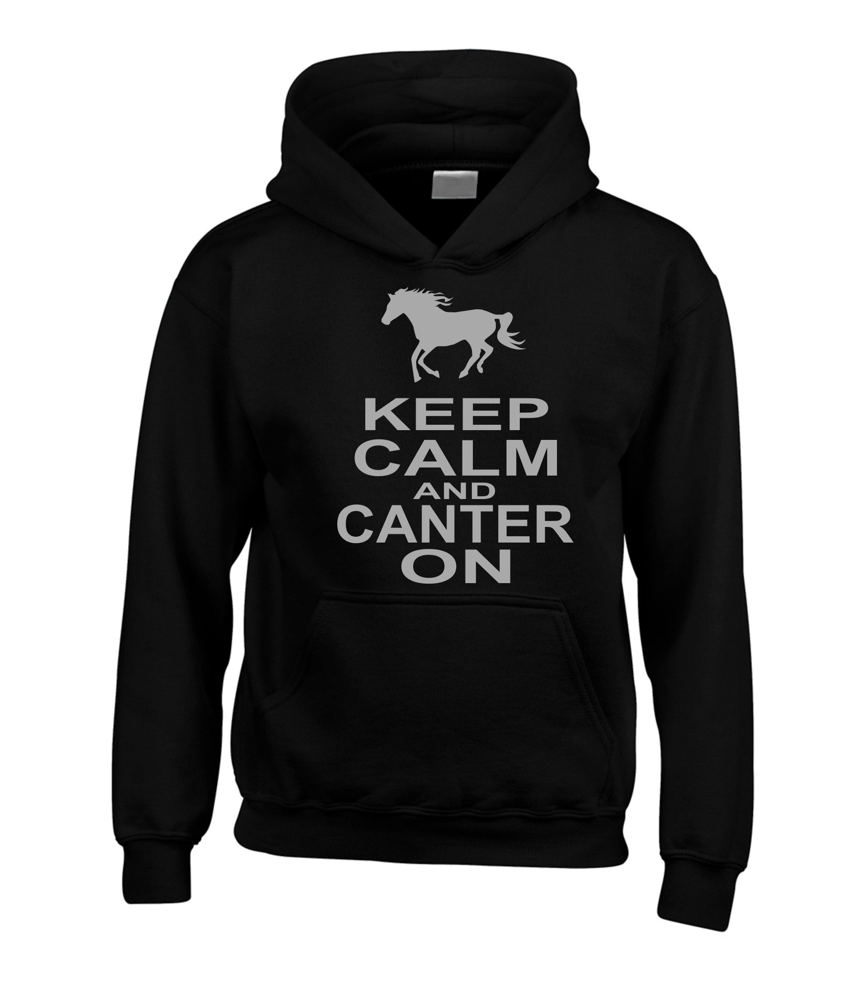 Keep Calm and Canter on Hoodie with Horse and Sparkling Silver Print
