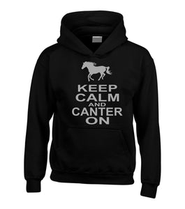 Keep Calm and Canter on Hoodie with Horse and Sparkling Silver Print