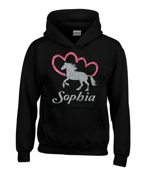 Personalised Horsey and Heart Hoodie with Sparkling Glitter Print