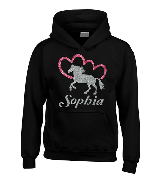 Sweat à capuche Horsey and Heart personnalisé avec imprimé scintillant scintillant 
