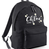 Personalised Daisy Ditsy Backpack with Name and Class in White and Yellow Print