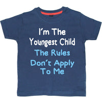 I'm The Youngest Child The Rules Don’t Apply to Me with White and Sky Blue Print. Children's T-shirt
