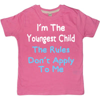 I'm The Youngest Child The Rules Don’t Apply to Me with White and Sky Blue Print. Children's T-shirt