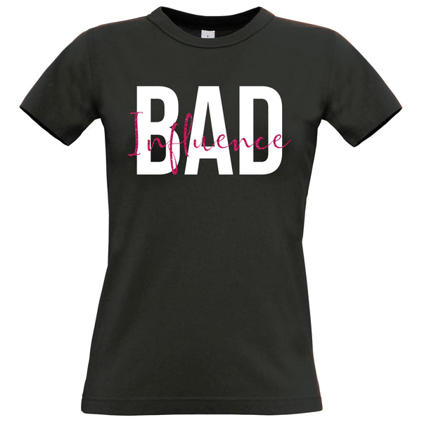 Bad Influence Women's Fitted T-Shirt with White and Sparkling Print