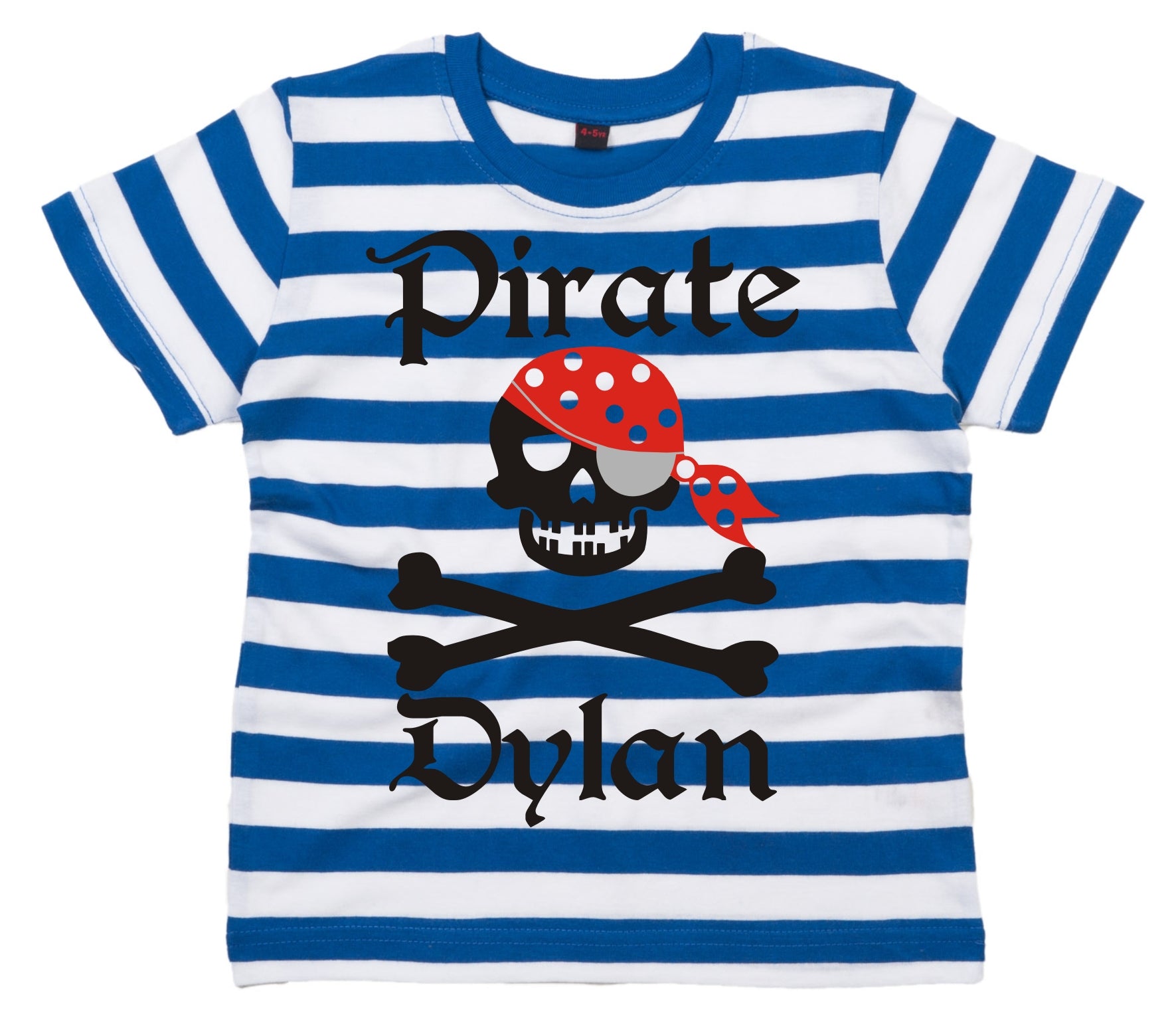 T-shirt enfant personnalisé à rayures bleues et blanches 'Pirate Skull and Cross Bones' avec imprimé noir, rouge et argenté 