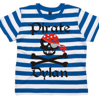 Blue & White Striped Personalised Children's T-Shirt 'Pirate Skull and Cross Bones' with Black, Red & Silver Print