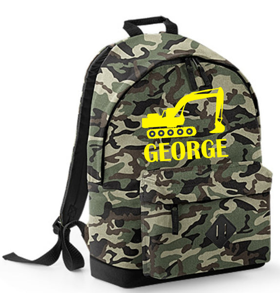 Personalised Digger Backpack with Yellow Print