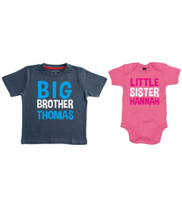 Personalised Big Brother T-Shirt and Little Sister Bodysuit Set