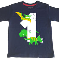 Navy Dino Birthday Bash Children's T-Shirt with White, Green and Yellow Print