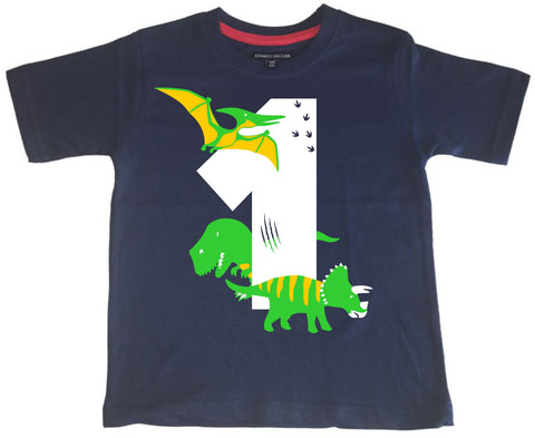 T-shirt enfant bleu marine Dino Birthday Bash avec imprimé blanc, vert et jaune