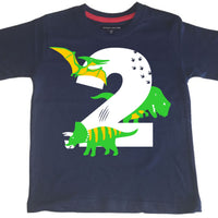 Navy Dino Birthday Bash Children's T-Shirt with White, Green and Yellow Print
