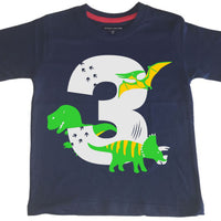 Navy Dino Birthday Bash Children's T-Shirt with White, Green and Yellow Print