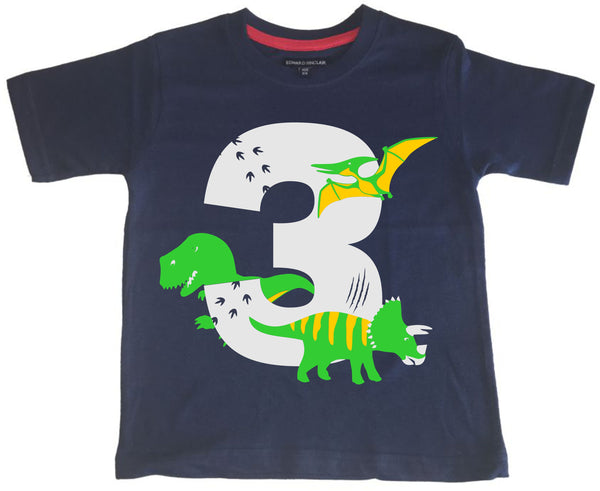 T-shirt enfant bleu marine Dino Birthday Bash avec imprimé blanc, vert et jaune