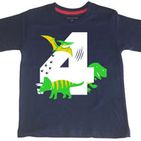 Navy Dino Birthday Bash Children's T-Shirt with White, Green and Yellow Print