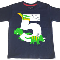 Navy Dino Birthday Bash Children's T-Shirt with White, Green and Yellow Print