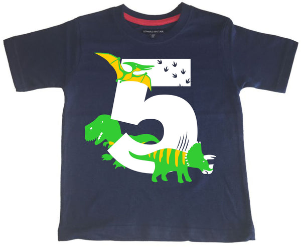 T-shirt enfant bleu marine Dino Birthday Bash avec imprimé blanc, vert et jaune