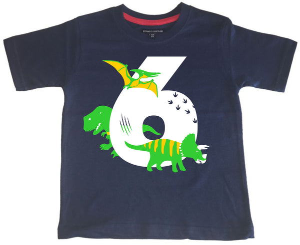 Navy Dino Birthday Bash Children's T-Shirt with White, Green and Yellow Print