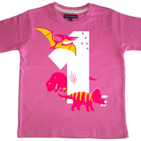 T-shirt pour enfant Bubblegum Pink Dino Birthday Bash avec imprimé blanc, rose et jaune