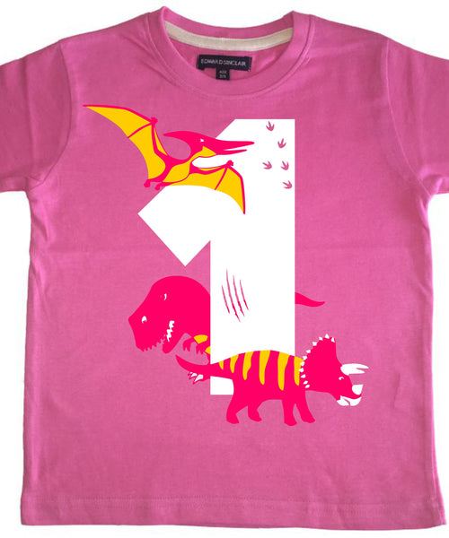 Bubblegum Pink Dino Birthday Bash Children's T-Shirt with White, Pink and Yellow Print