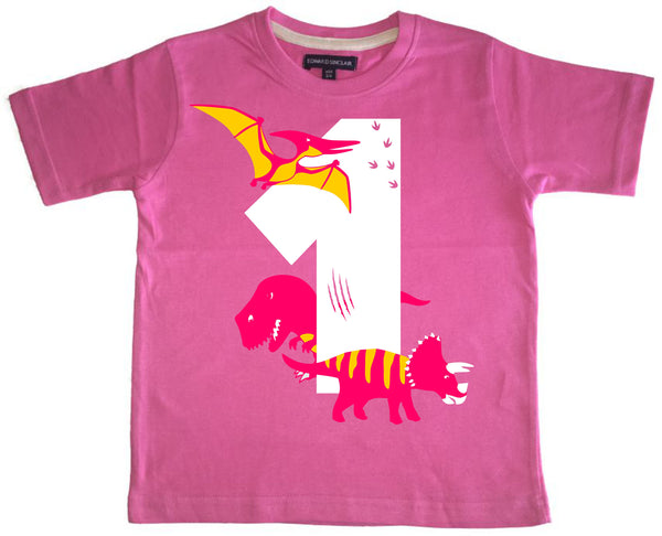 T-shirt pour enfant Bubblegum Pink Dino Birthday Bash avec imprimé blanc, rose et jaune