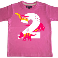 T-shirt pour enfant Bubblegum Pink Dino Birthday Bash avec imprimé blanc, rose et jaune