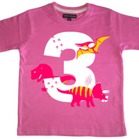 T-shirt pour enfant Bubblegum Pink Dino Birthday Bash avec imprimé blanc, rose et jaune