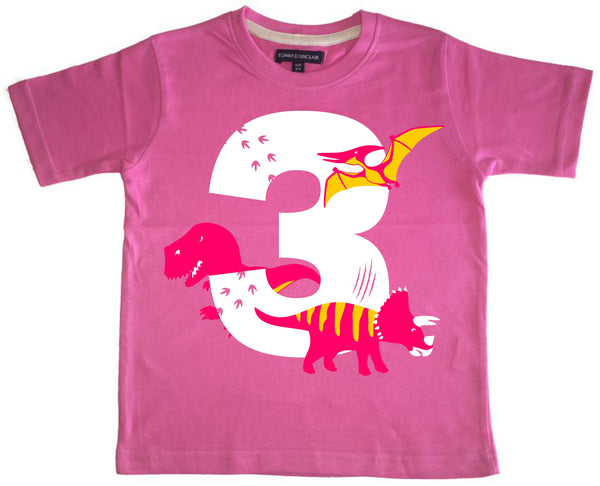 Bubblegum Pink Dino Birthday Bash Children's T-Shirt with White, Pink and Yellow Print