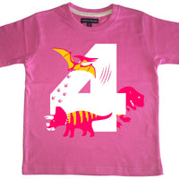 T-shirt pour enfant Bubblegum Pink Dino Birthday Bash avec imprimé blanc, rose et jaune